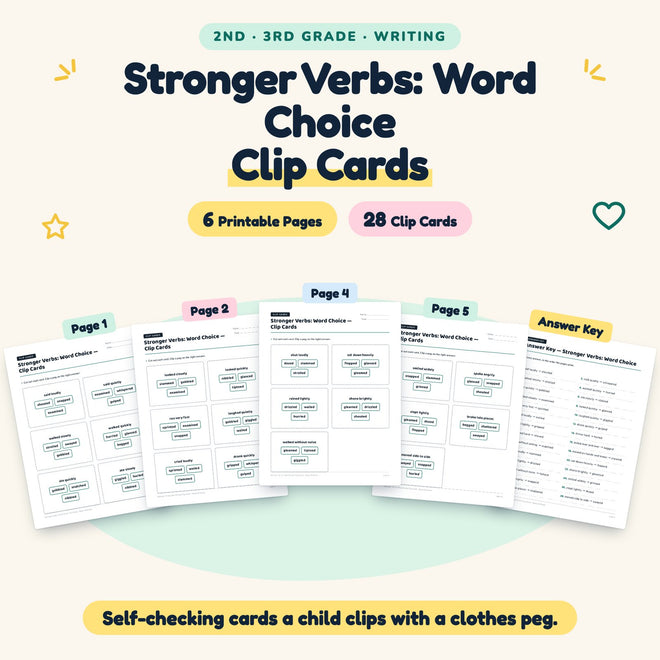 28 Stronger Verbs: Word Choice Clip Cards — cover