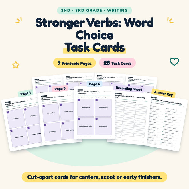 28 Stronger Verbs: Word Choice Task Cards — cover