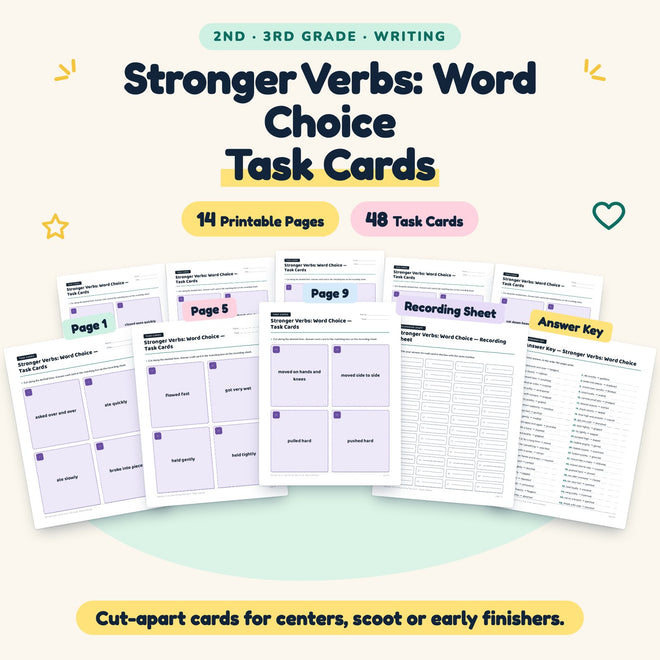 Stronger Verbs Task Cards | 2nd–3rd Grade Writing (28 Cards) — cover