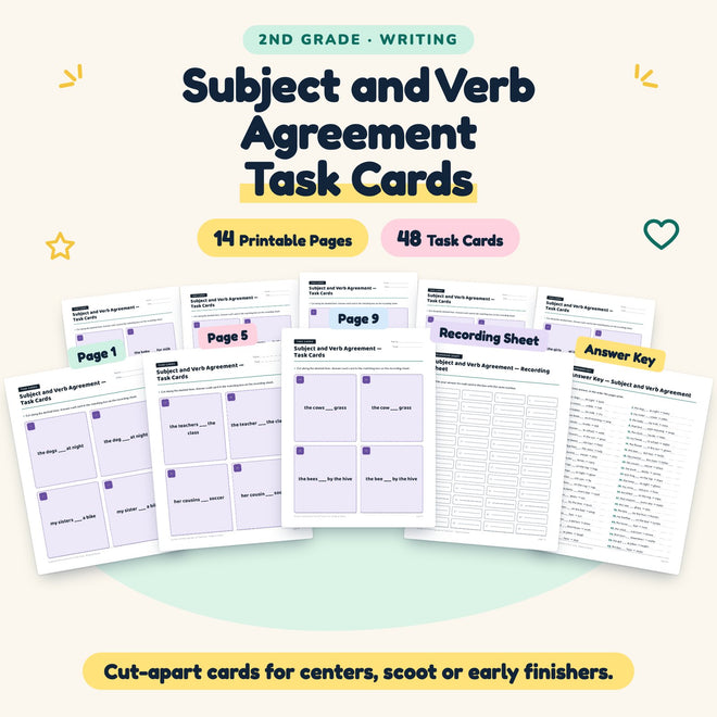 Subject and Verb Agreement Task Cards | 2nd Grade (32 Cards) — cover