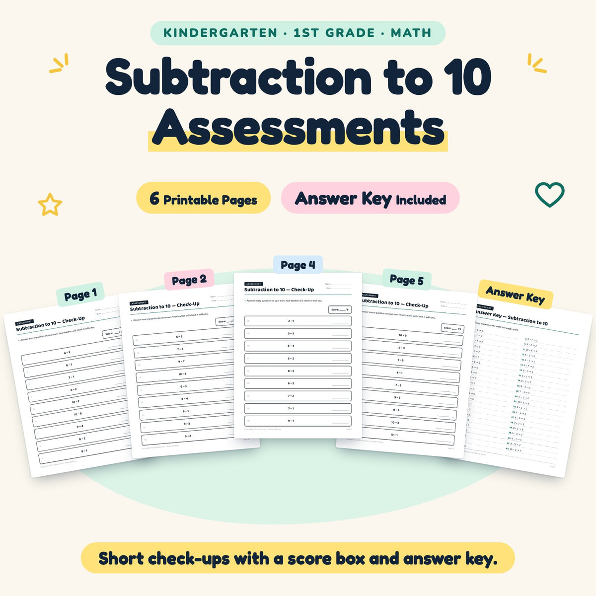 6 Subtraction to 10 Assessments — cover