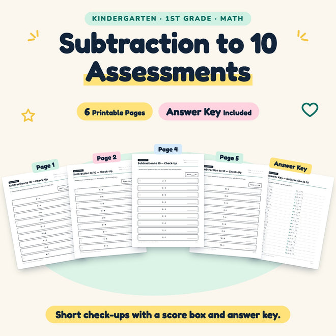 Subtraction to 10 Assessments | K–1st Grade Math (6 Pages) — cover