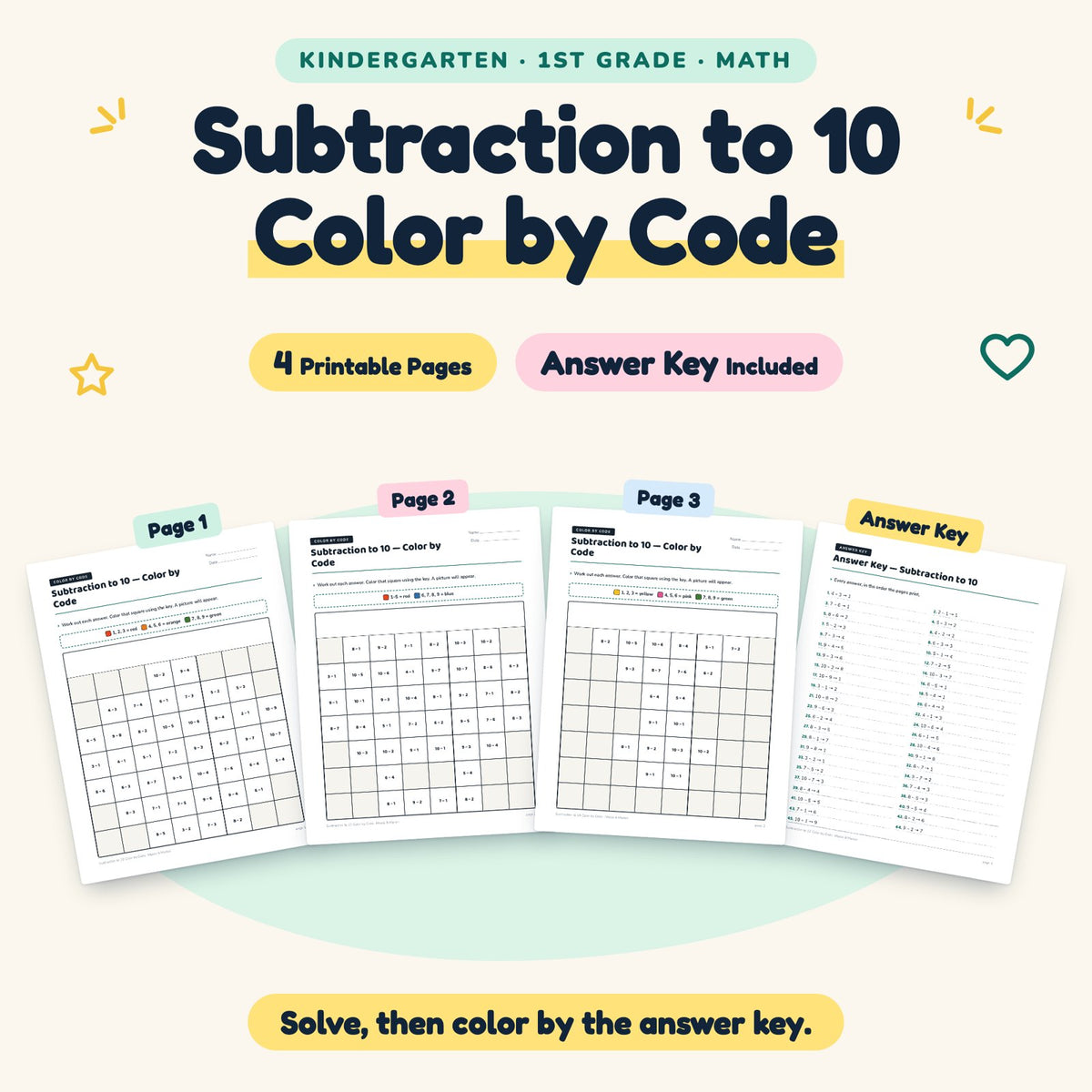 4 Subtraction to 10 Color by Code — cover