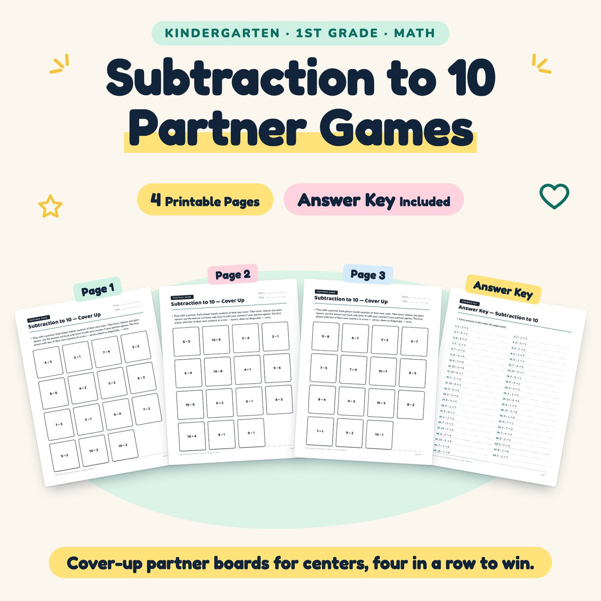 4 Subtraction to 10 Partner Games — cover