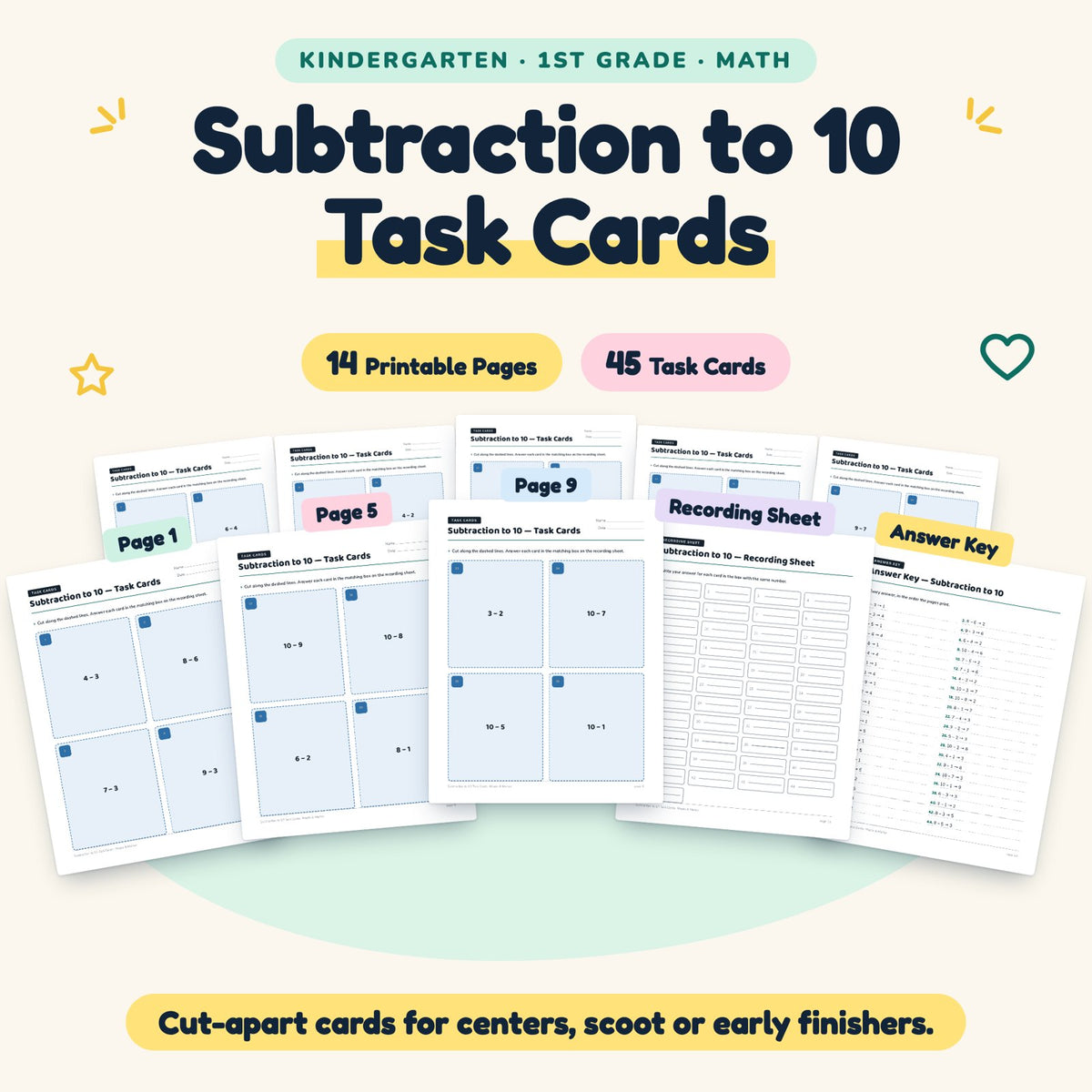 45 Subtraction to 10 Task Cards — cover