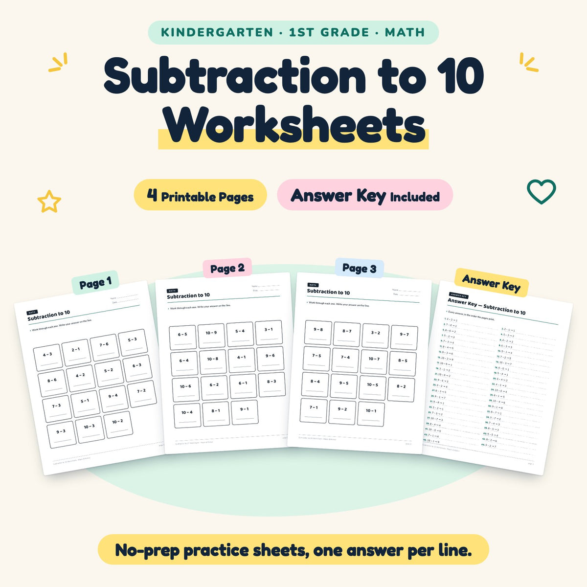 4 Subtraction to 10 Worksheets — cover