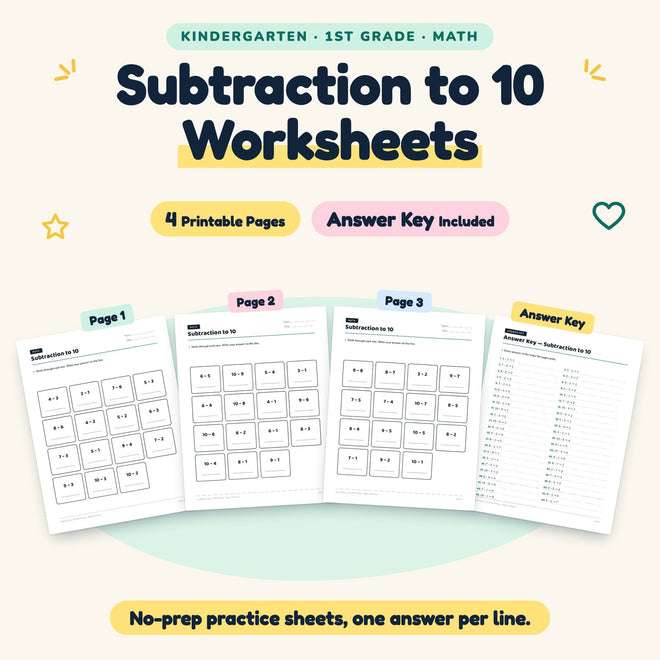 4 Subtraction to 10 Worksheets — cover