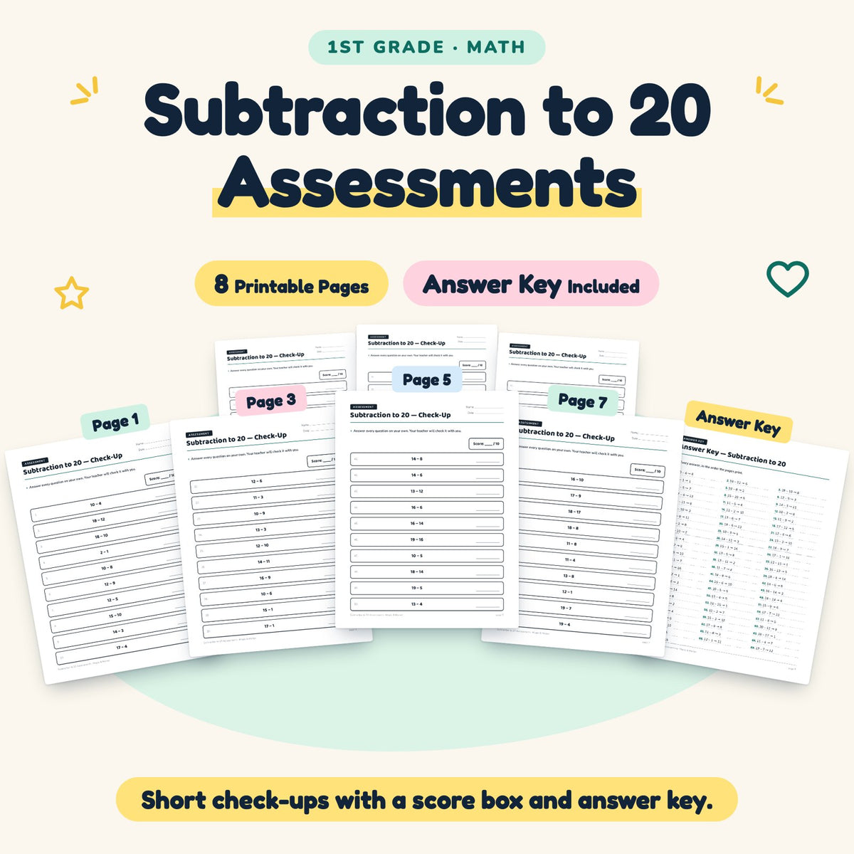 Subtraction to 20 Assessments | 1st Grade Math (7 Pages) — cover