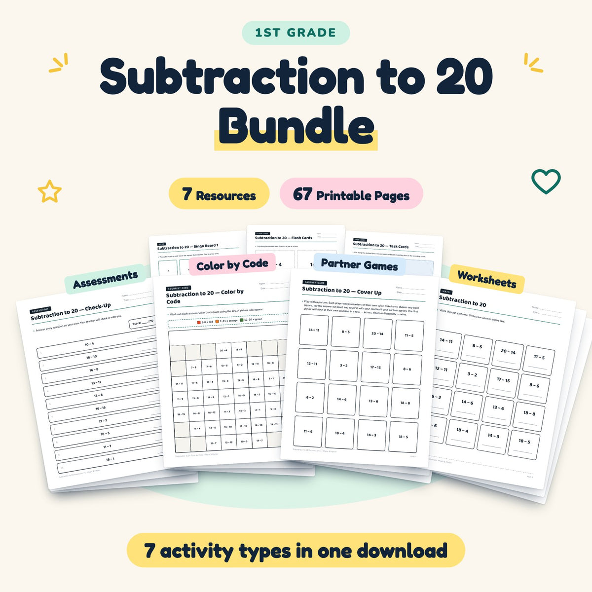 Subtraction to 20 Bundle | 1st Grade (7 Resources, 67 Pages) — cover