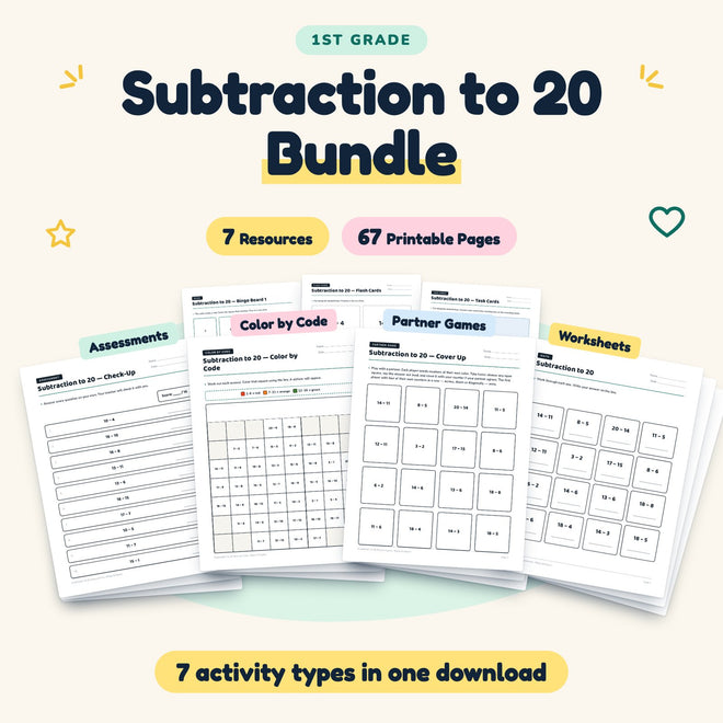 Subtraction to 20 Bundle | 1st Grade (7 Resources, 67 Pages) — cover