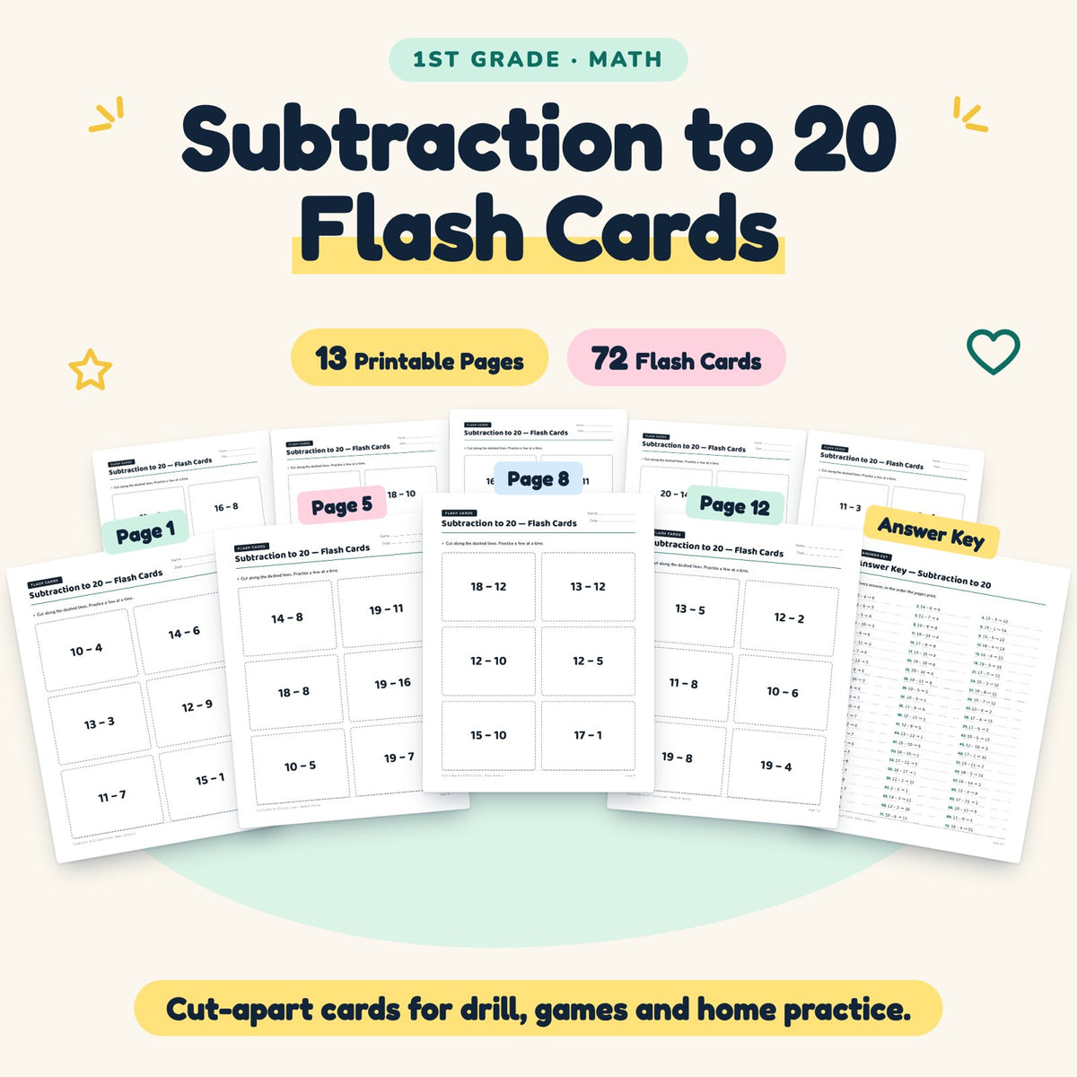 72 Subtraction to 20 Flash Cards — cover