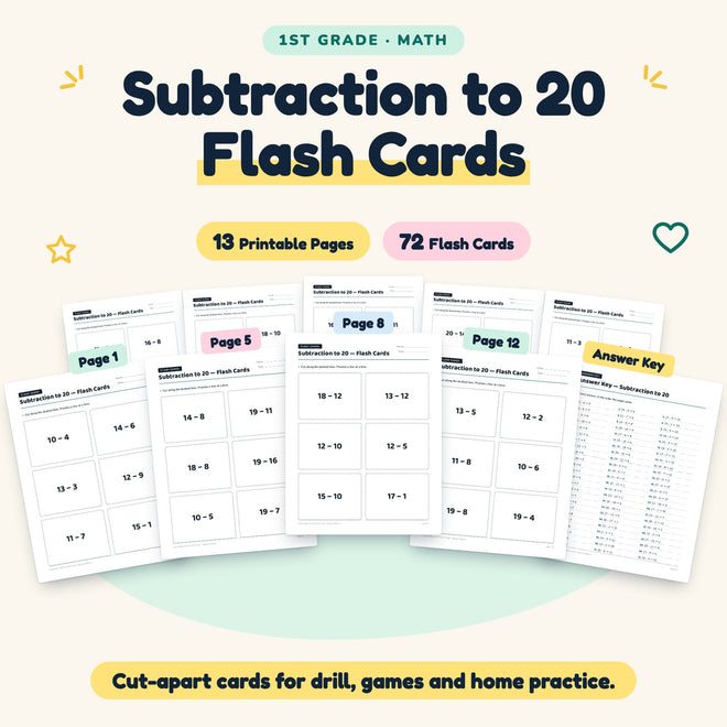 Subtraction to 20 Flash Cards | 1st Grade Math (72 Cards) — cover