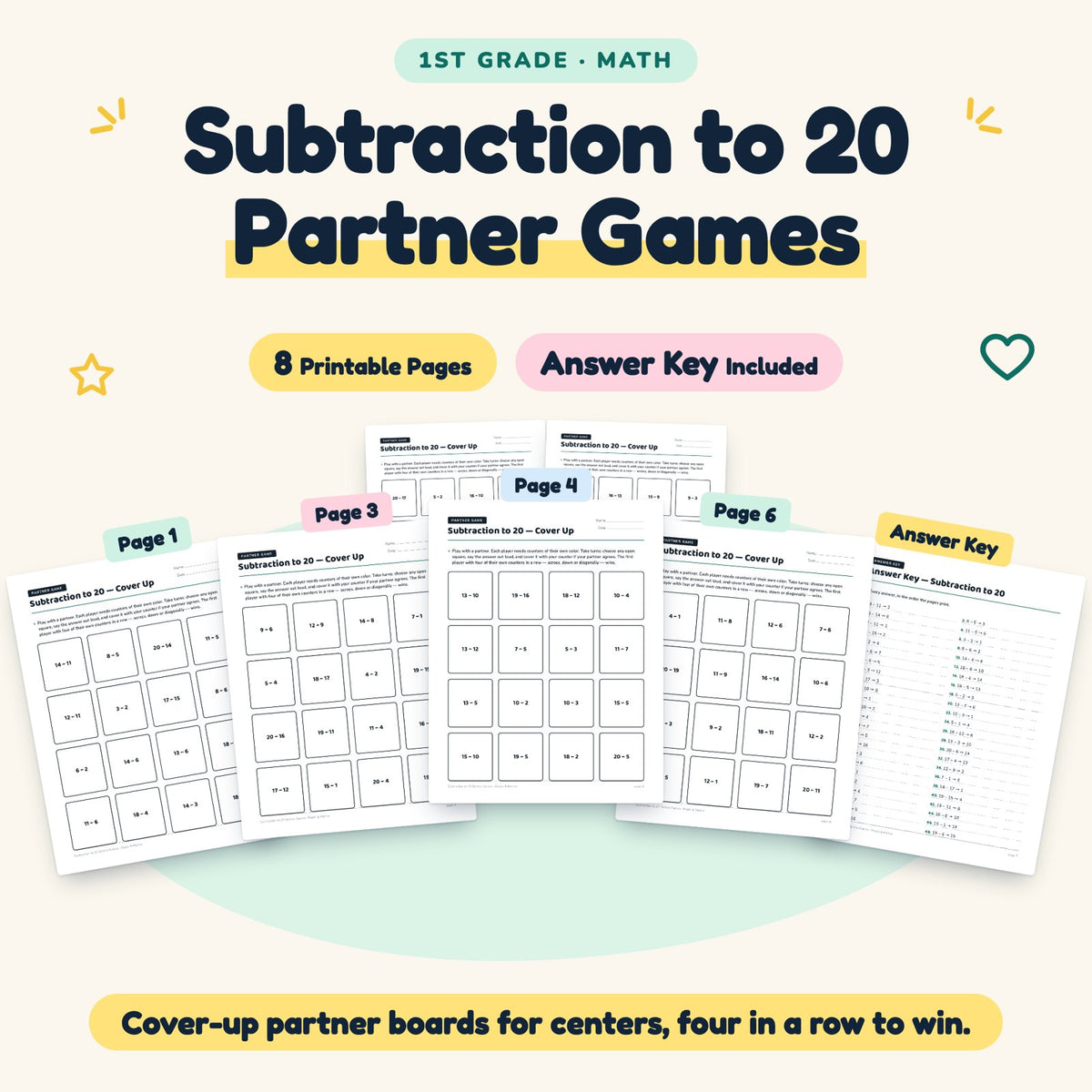 8 Subtraction to 20 Partner Games — cover