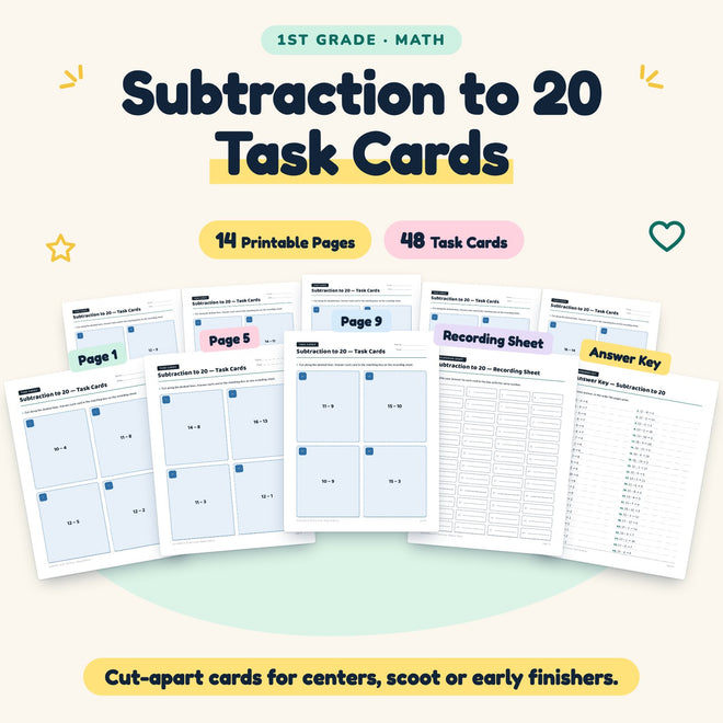 Subtraction to 20 Task Cards | 1st Grade Math (48 Cards) — cover