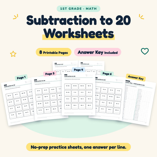 8 Subtraction to 20 Worksheets — cover