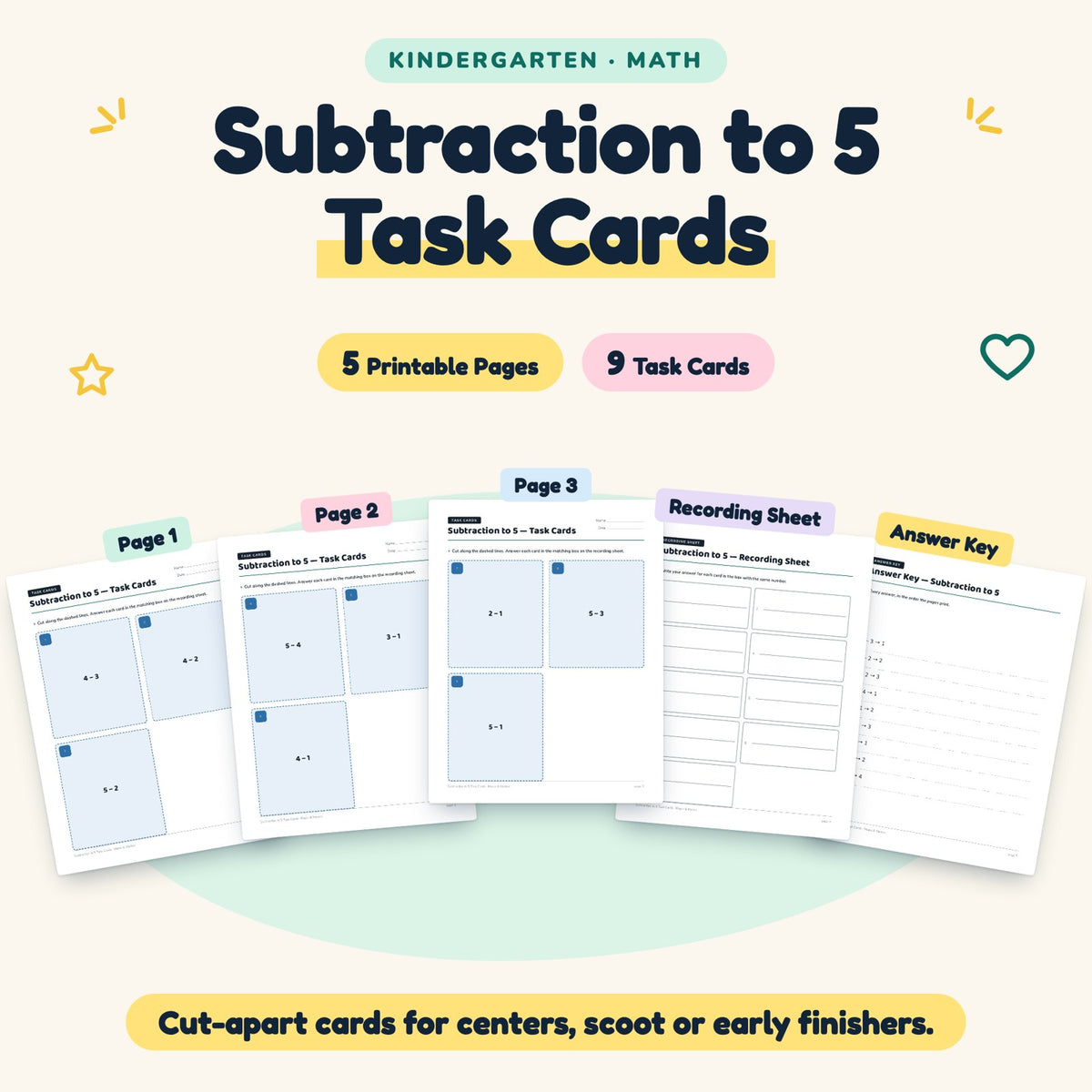 9 Subtraction to 5 Task Cards — cover