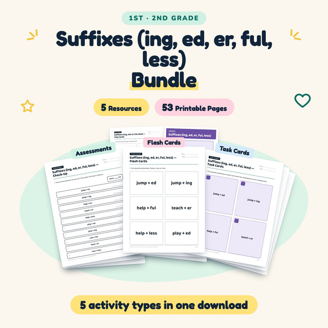 Suffixes Bundle | 1st–2nd Grade (5 Resources, 25 Pages) — cover