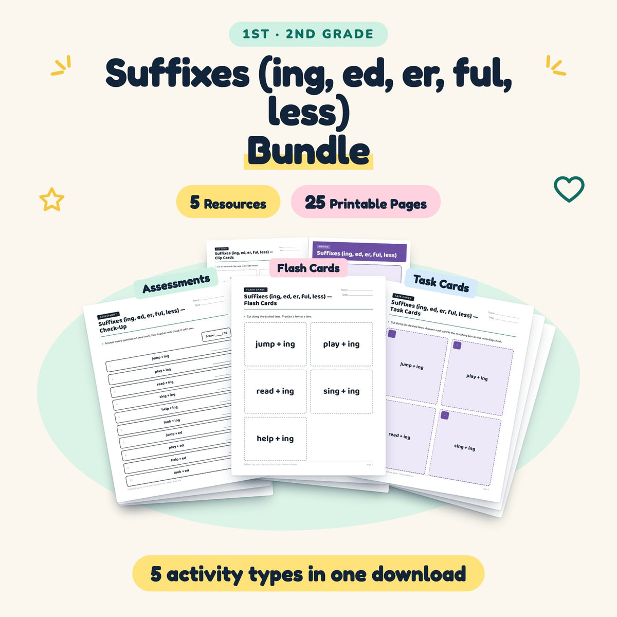 25 Page Suffixes (ing, ed, er, ful, less) Bundle — cover