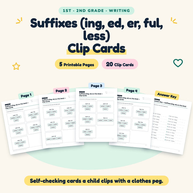 20 Suffixes (ing, ed, er, ful, less) Clip Cards — cover