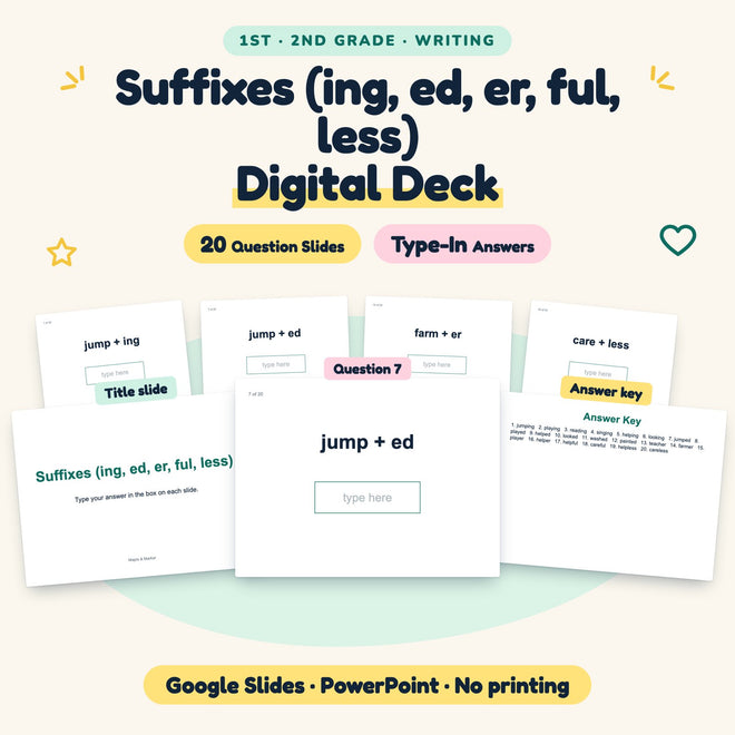 20 Question Suffixes (ing, ed, er, ful, less) Digital Deck — cover