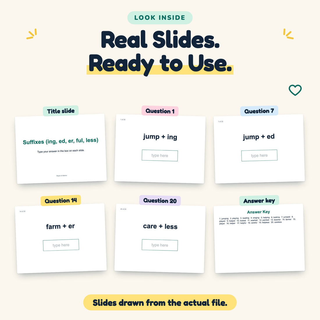 Suffixes (ing, ed, er, ful, less) digital deck: look inside