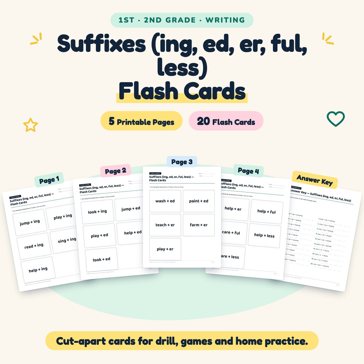 20 Suffixes (ing, ed, er, ful, less) Flash Cards — cover