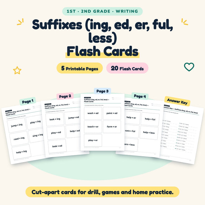 20 Suffixes (ing, ed, er, ful, less) Flash Cards — cover
