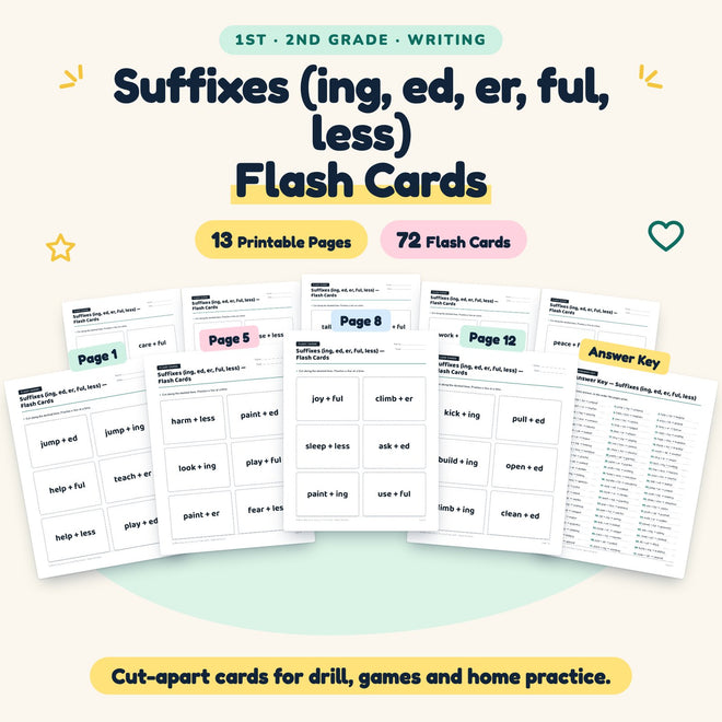 Suffixes Flash Cards | 1st–2nd Grade Grammar (20 Cards) — cover