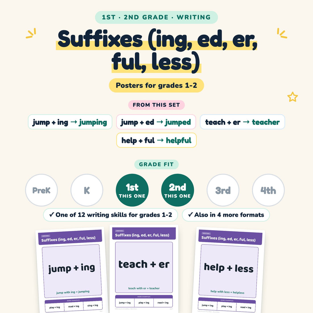 Suffixes (ing, ed, er, ful, less): skill and grade fit