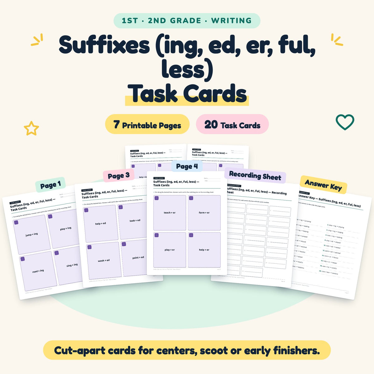 20 Suffixes (ing, ed, er, ful, less) Task Cards — cover