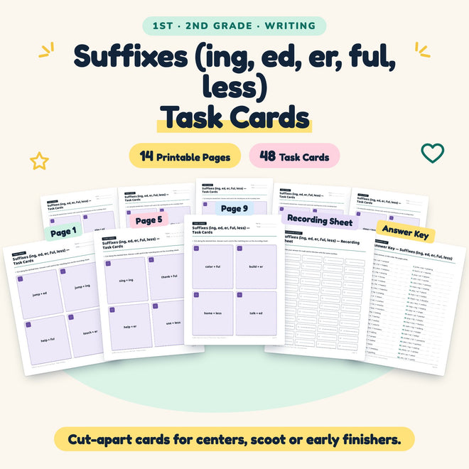 Suffixes Task Cards | 1st–2nd Grade Grammar (20 Cards) — cover
