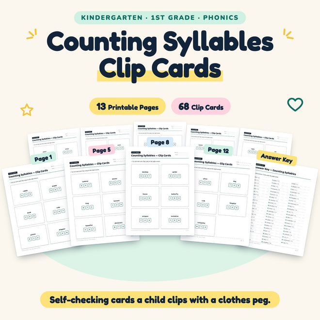 Counting Syllables Clip Cards | K–1st Grade (28 Cards) — cover
