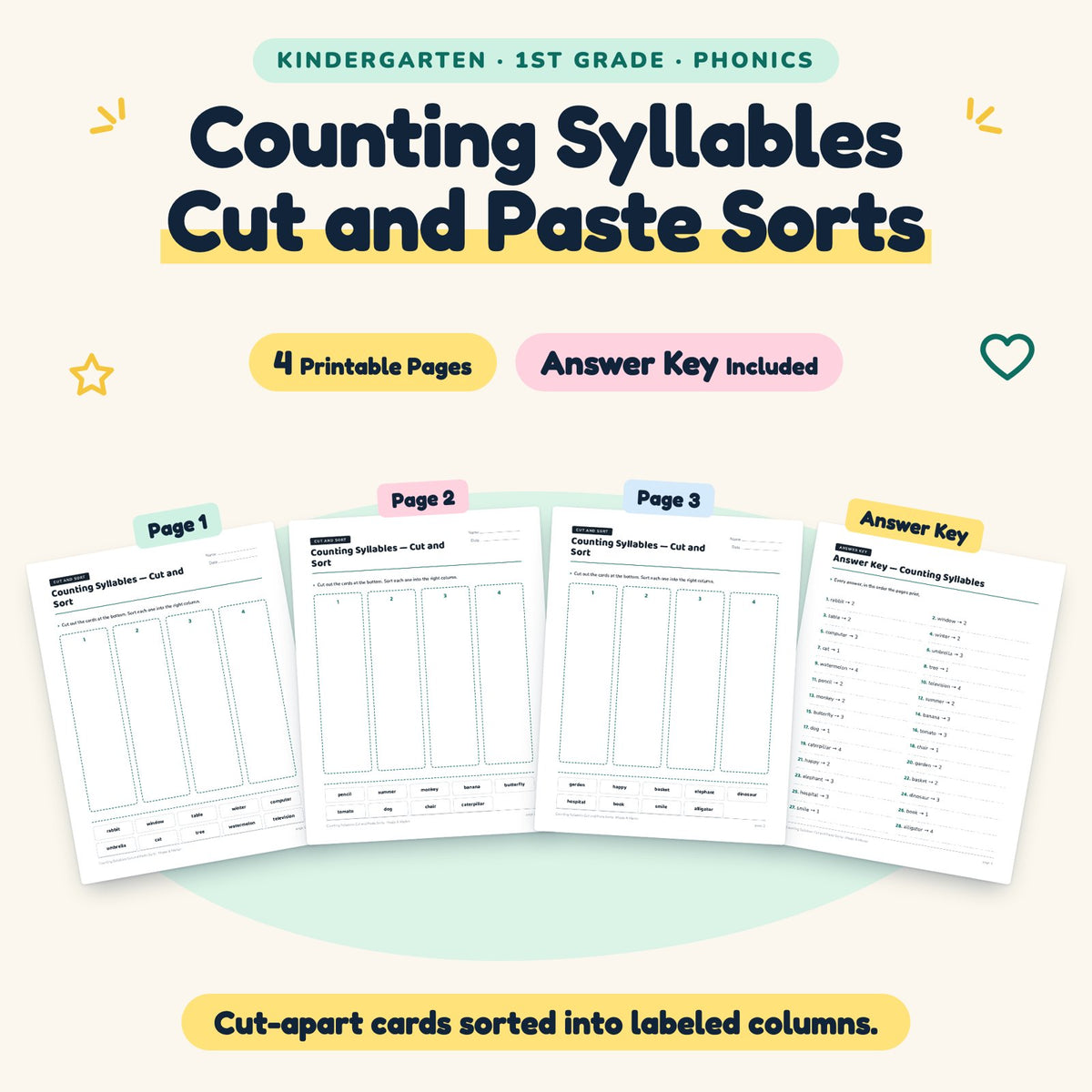 4 Counting Syllables Cut and Paste Sorts — cover
