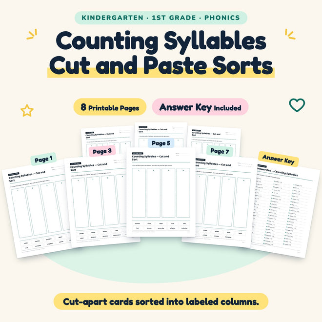 Counting Syllables Cut and Paste Sorts | K–1st Grade Phonics — cover