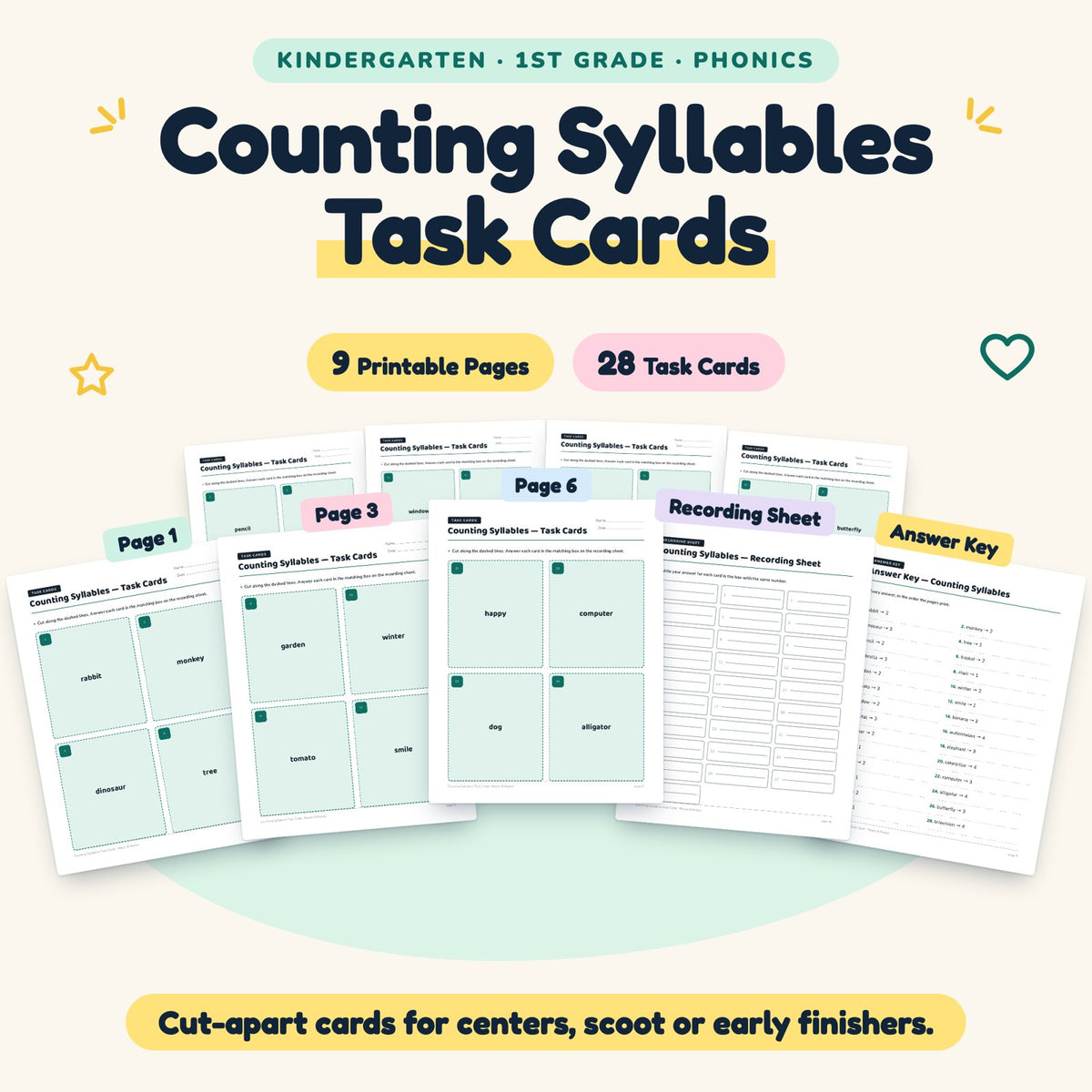 28 Counting Syllables Task Cards — cover