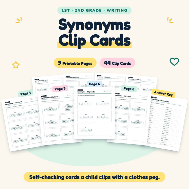 Synonyms Clip Cards | 1st–2nd Grade Grammar (16 Cards) — cover