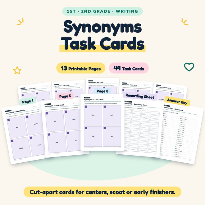 Synonyms Task Cards | 1st–2nd Grade Grammar (16 Cards) — cover