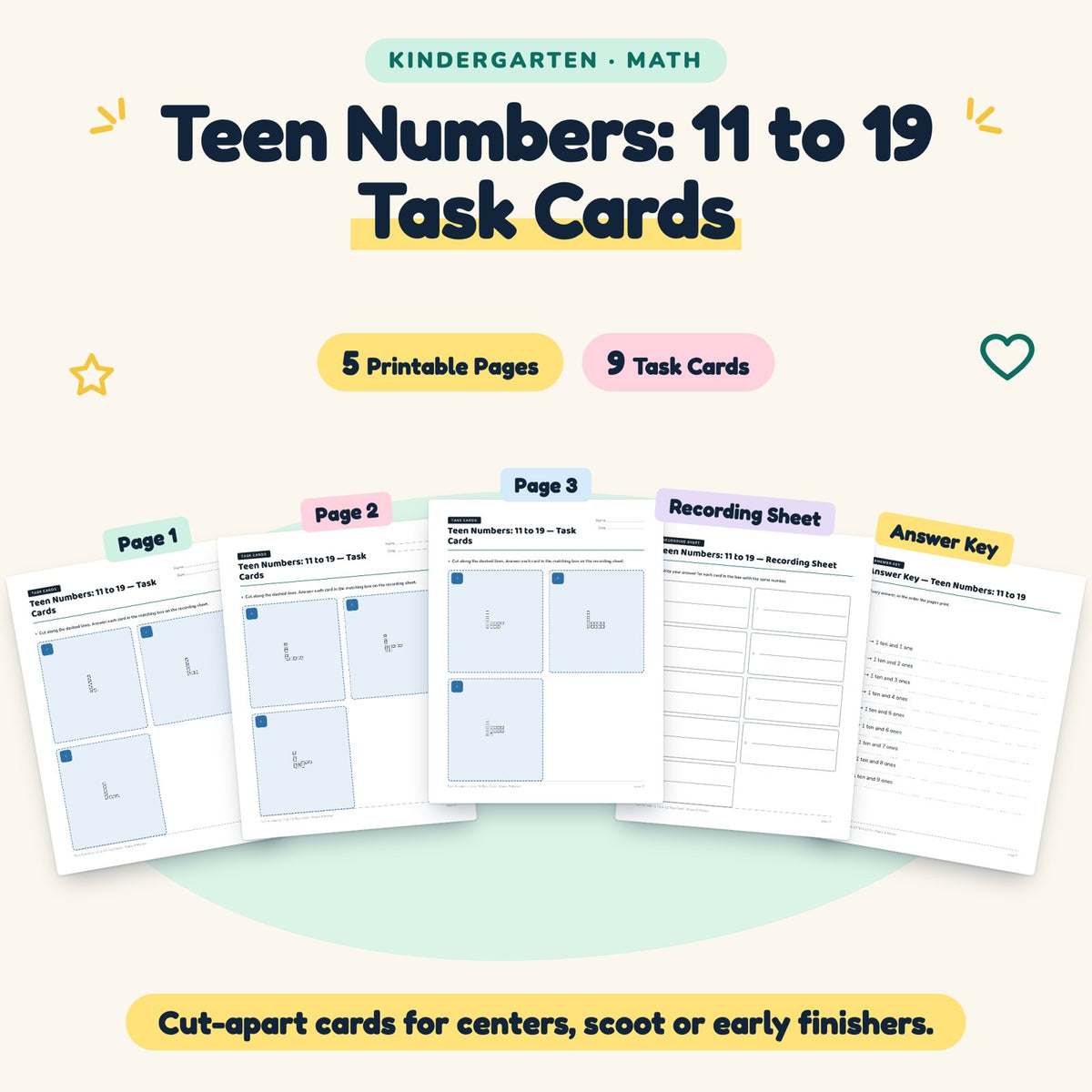 9 Teen Numbers: 11 to 19 Task Cards — cover