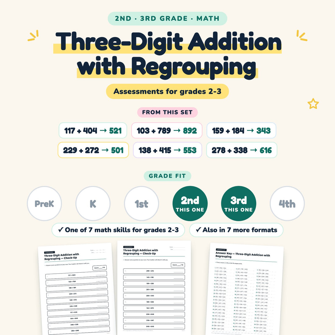 Three-Digit Addition with Regrouping: skill and grade fit