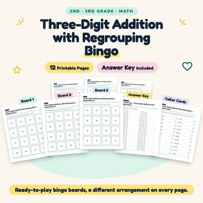 12 Three-Digit Addition with Regrouping Bingo — cover