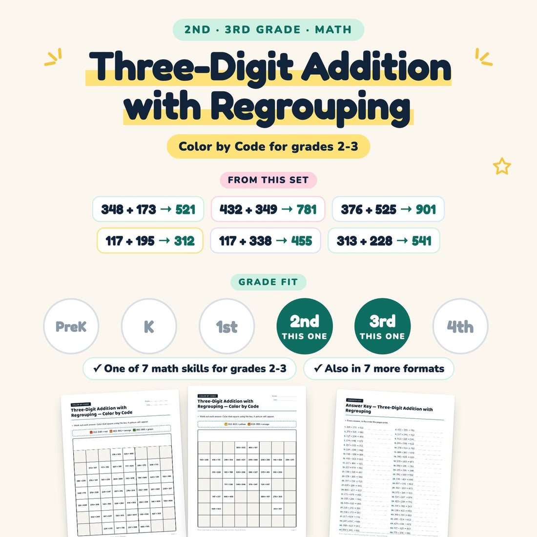 Three-Digit Addition with Regrouping: skill and grade fit