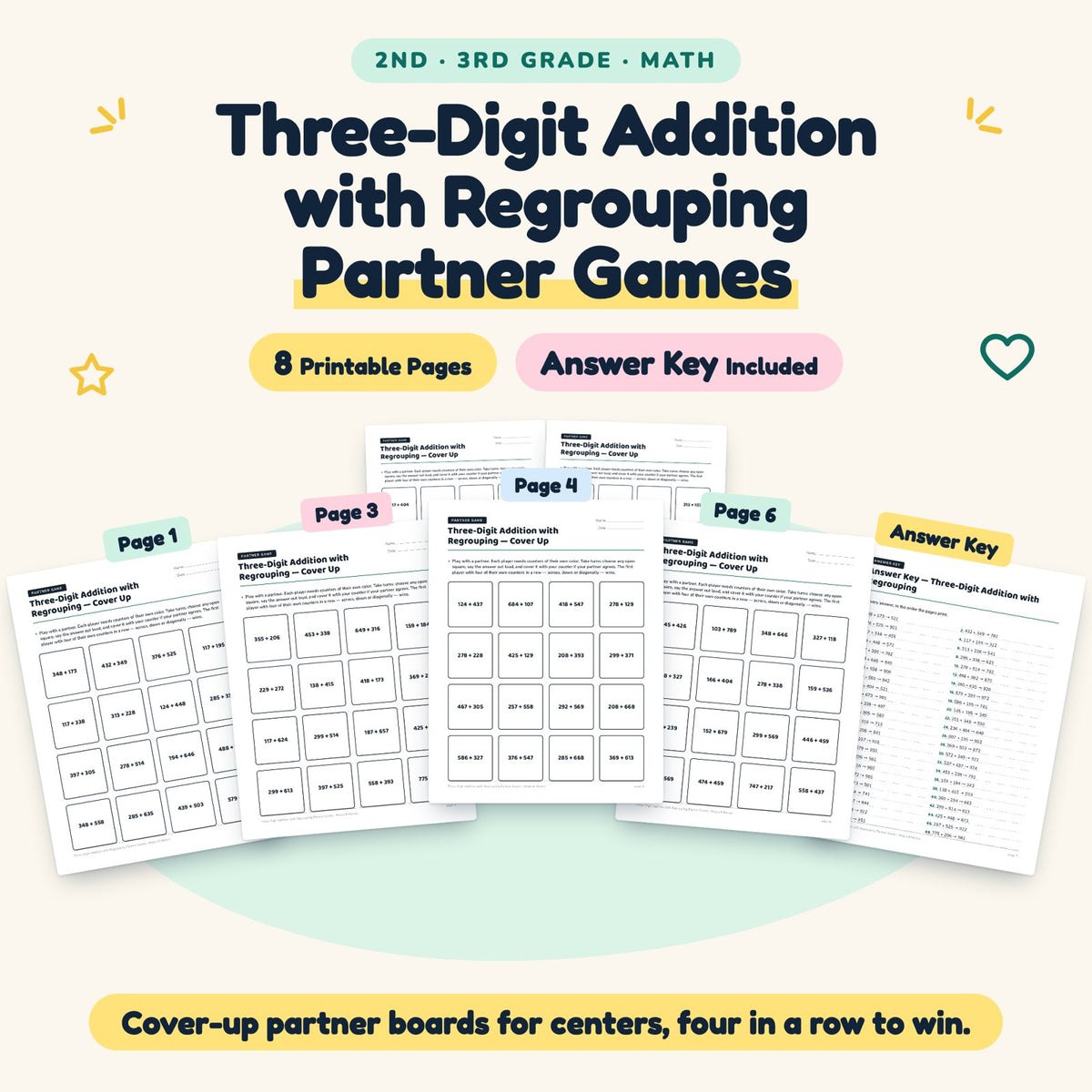 8 Three-Digit Addition with Regrouping Partner Games — cover
