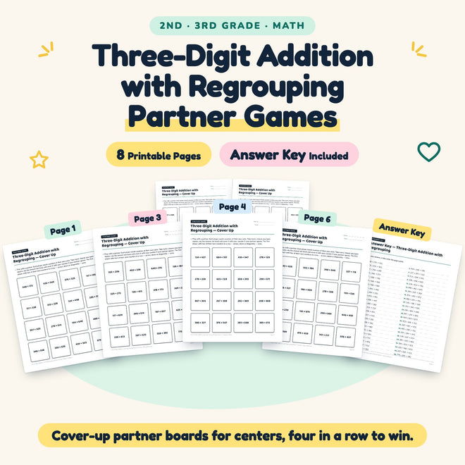 8 Three-Digit Addition with Regrouping Partner Games — cover