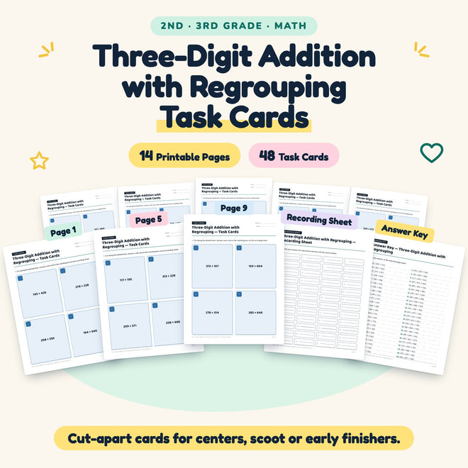 48 Three-Digit Addition with Regrouping Task Cards — cover