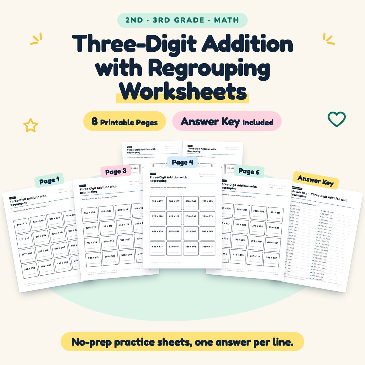 8 Three-Digit Addition with Regrouping Worksheets — cover
