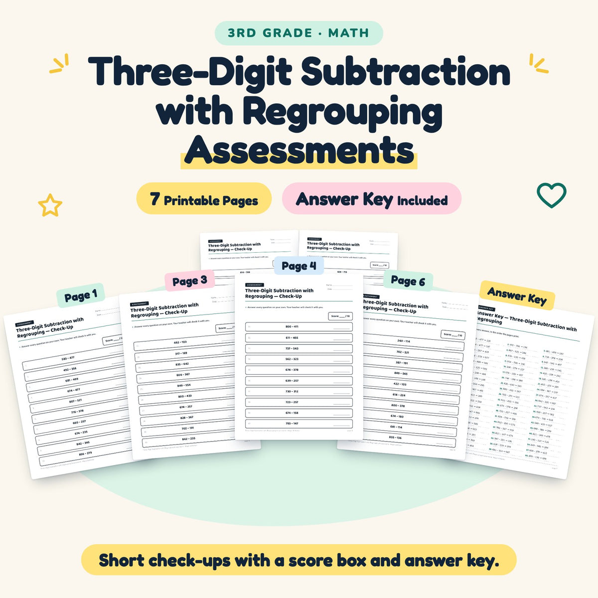 7 Three-Digit Subtraction with Regrouping Assessments — cover