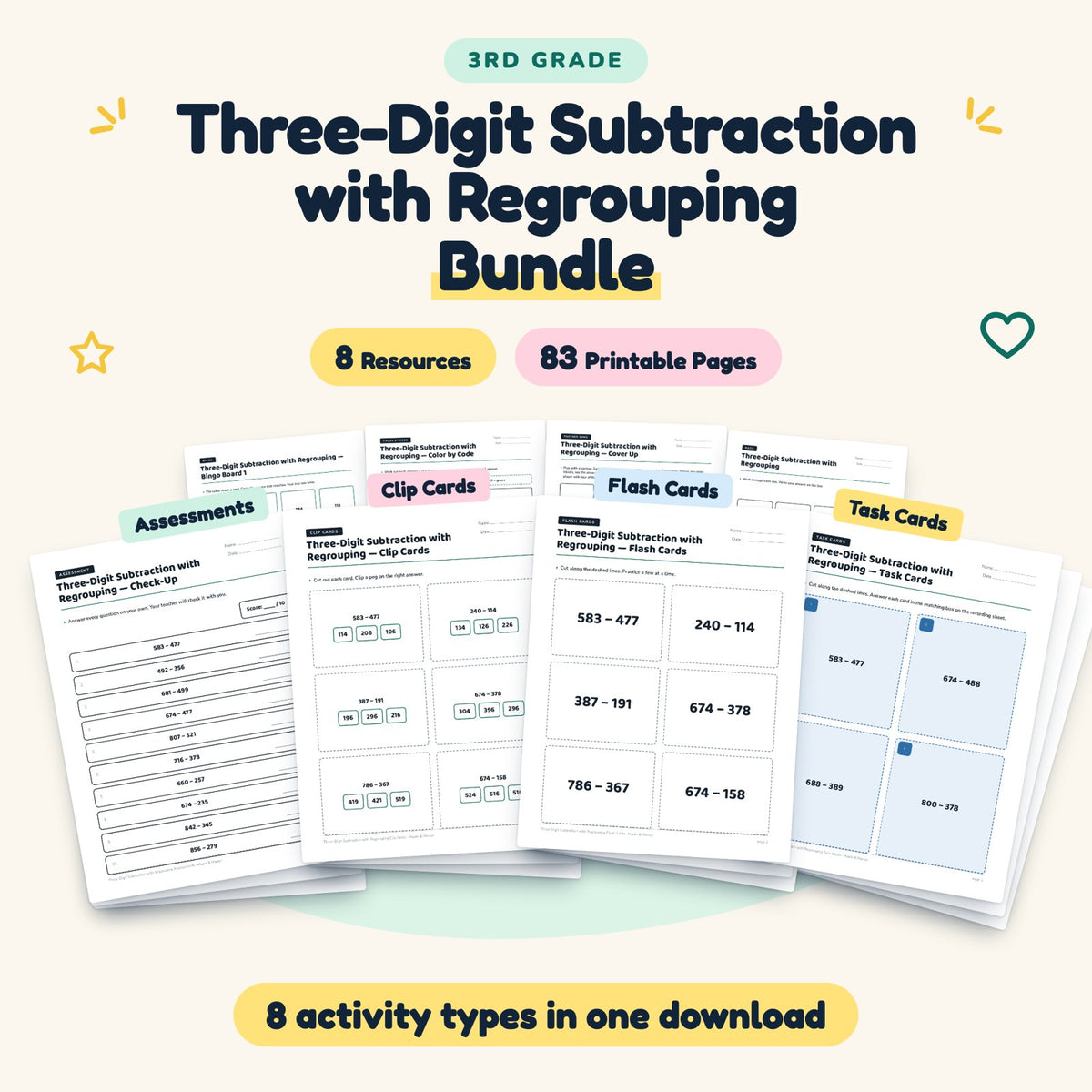 Three-Digit Subtraction with Regrouping Bundle | 3rd Grade — cover