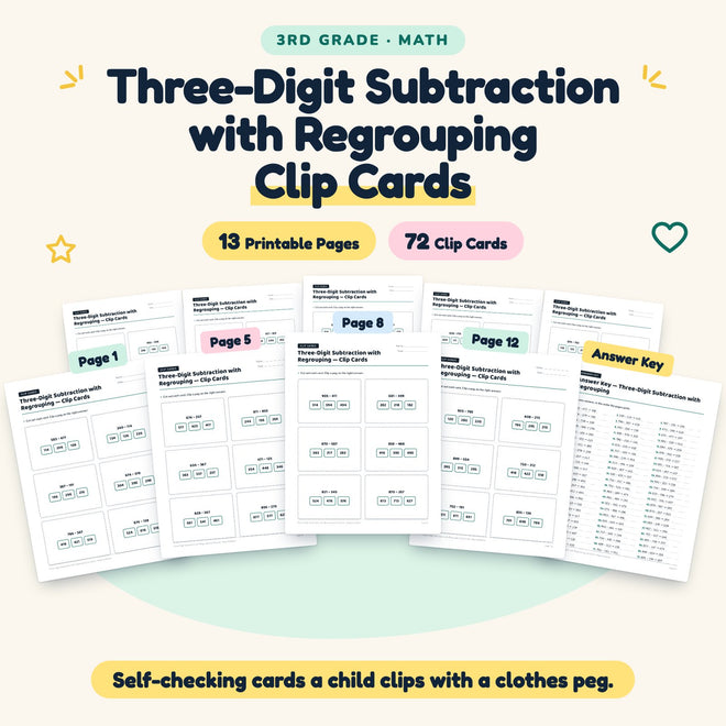 72 Three-Digit Subtraction with Regrouping Clip Cards — cover
