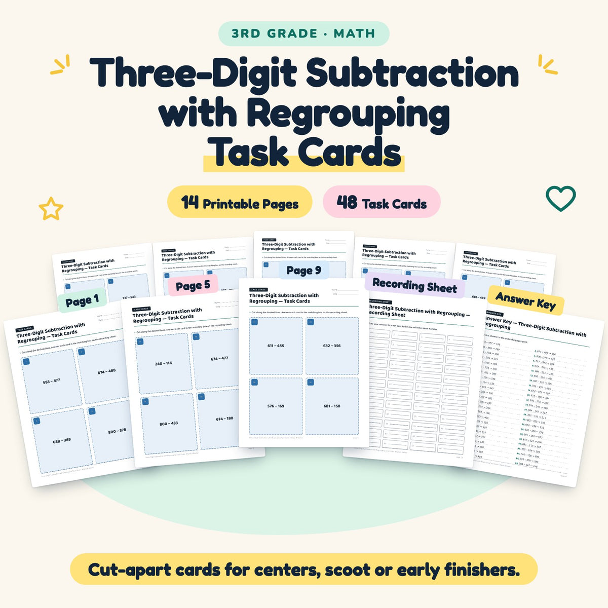 48 Three-Digit Subtraction with Regrouping Task Cards — cover