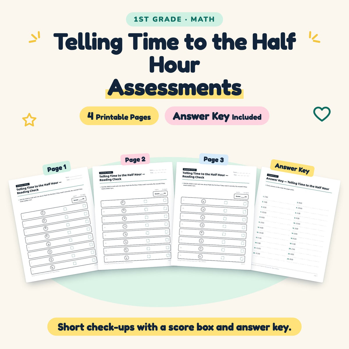 4 Telling Time to the Half Hour Assessments — cover